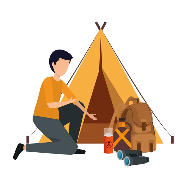 Tenda campeggio con uomo e borsa da viaggio — Vettoriale Stock