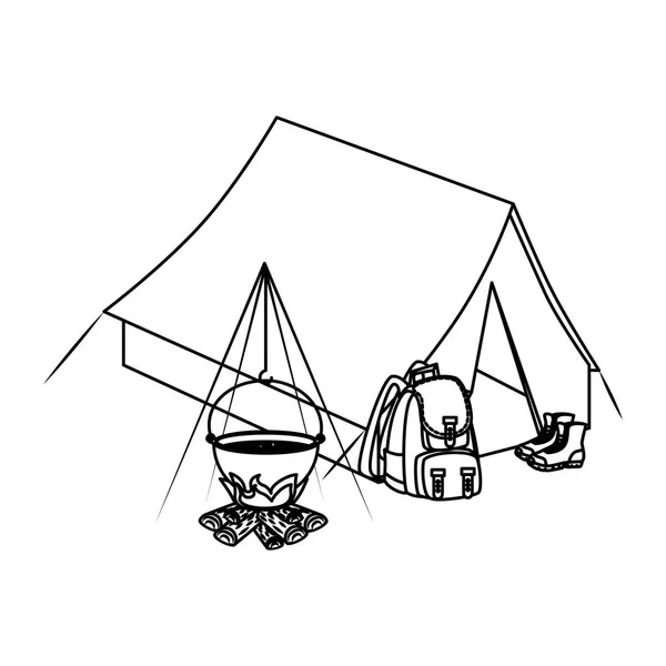 Tält Camping med vedbrasa och resväska — Stock vektor