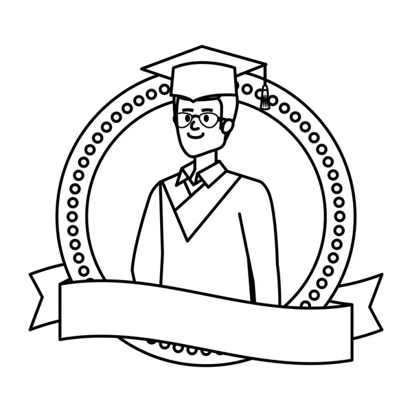 Young man student graduated with glasses in emblem — Stock Vector