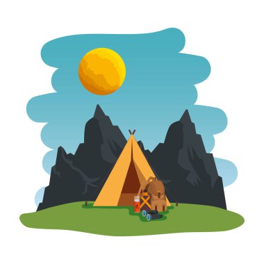 kamp çadırı ve ekipman sahne ile kamp bölgesi