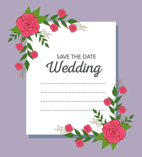 Σχεδιασμός γαμήλια κάρτα με τριαντάφυλλα και κλαδιά φύλλα — Διανυσματικό Αρχείο