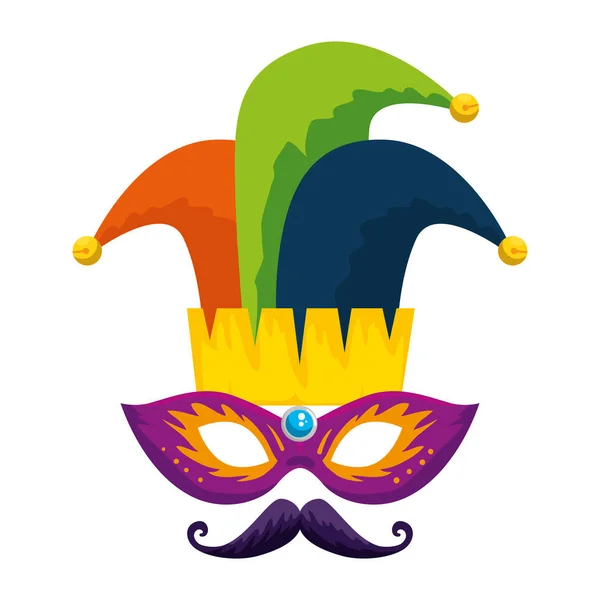 Карнавальна маска з капелюхом жартівника та вусами — стоковий вектор