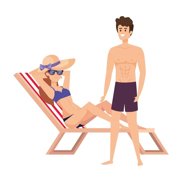 Joven pareja relajante en playa silla avatares caracteres — Vector de stock