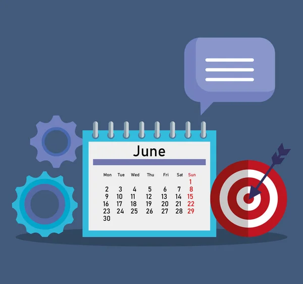 Objetivo con burbuja de chat y engranajes con calendario — Archivo Imágenes Vectoriales