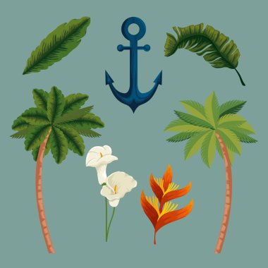 yaprakları ve çiçekleri ile egzotik palmiye ağaçları ayarlamak