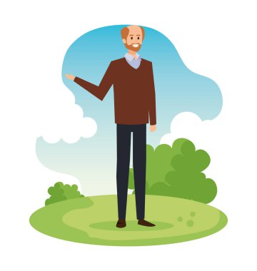 şık giysiler ve bulutlar ile çalılar ile adam