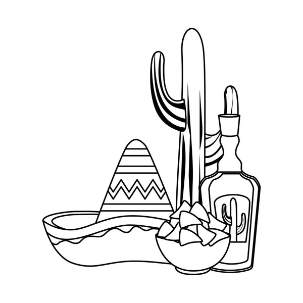 Tequila com chapéu mexicano e nachos cinco de mayo celebração vetor illustratio — Vetor de Stock