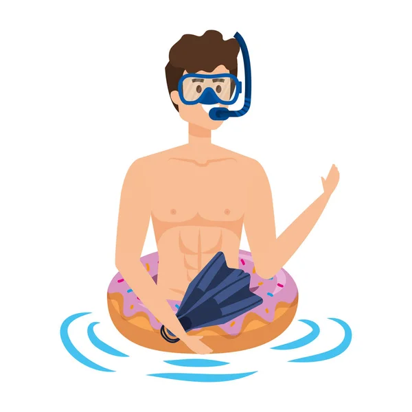Young man with donut float and diving equipment — 스톡 벡터