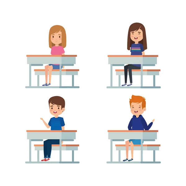 Set of girls and boys kids in the desk — Stock Vector