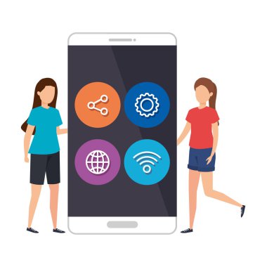 young women with smartphone and social media menu