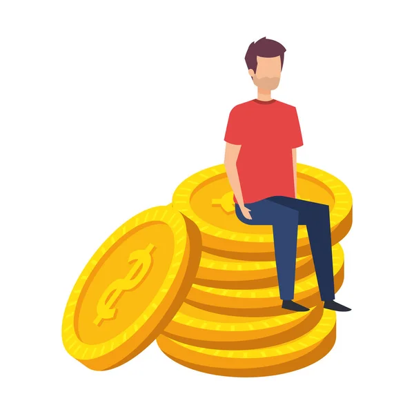 Młody człowiek siedzi w monetach pieniądze pieniężne dolarów — Wektor stockowy