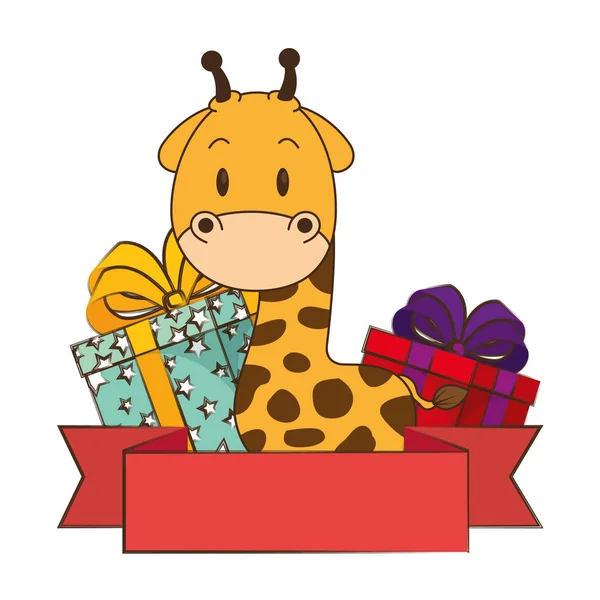 Niedliche und entzückende Giraffe mit Geschenken — Stockvektor