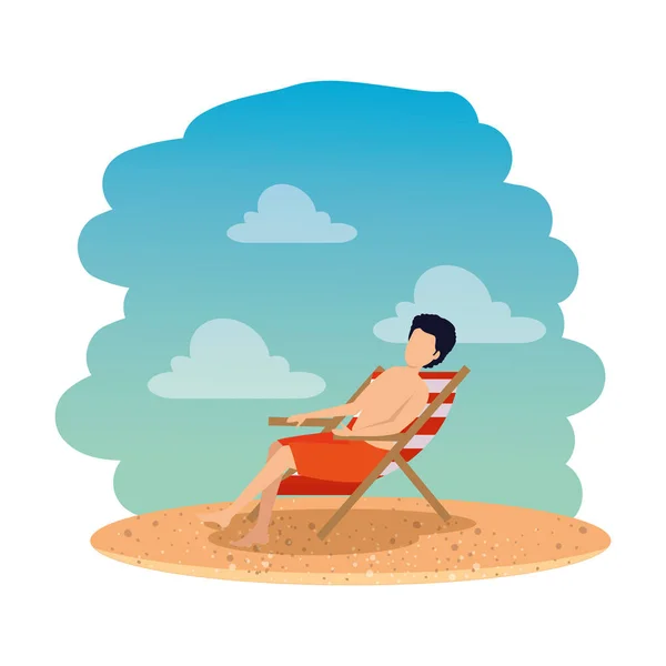 Jovem com maiô sentado em cadeira na praia —  Vetores de Stock