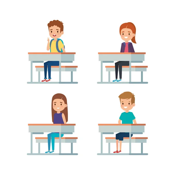 Set of boys and girls kids in the desk — Stock Vector