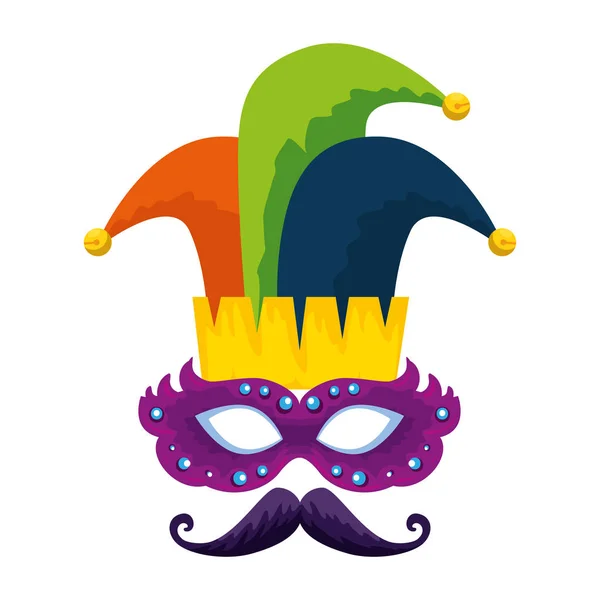 Masque de carnaval avec chapeau joker et moustache — Image vectorielle