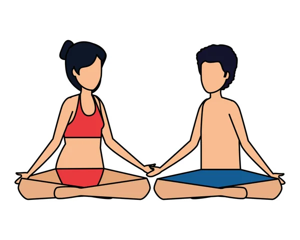 Mladý pár s plavkami cvičení jógy — Stockový vektor
