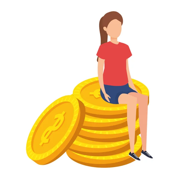 Νεαρή γυναίκα κάθεται σε κέρματα μετρητά δολάρια χρήματα — Διανυσματικό Αρχείο