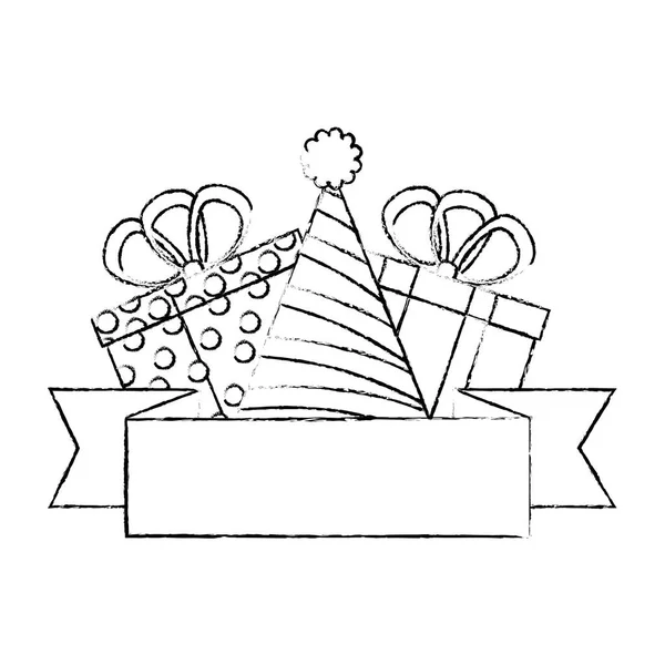 Δώρα κουτιά παρουσιάζει με καπέλο κόμμα και κορδέλα — Διανυσματικό Αρχείο
