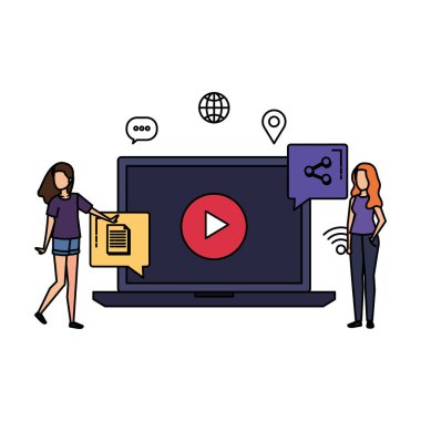 Laptop ve sosyal medya simgelerine sahip genç kadınlar