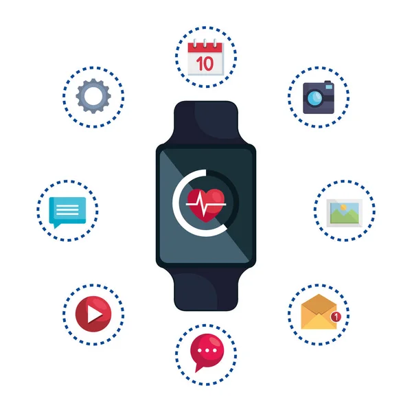 Smartwatch con aplicaciones de cardiología y set — Vector de stock