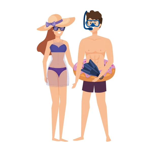 Pareja joven con flotador y equipo de buceo — Vector de stock