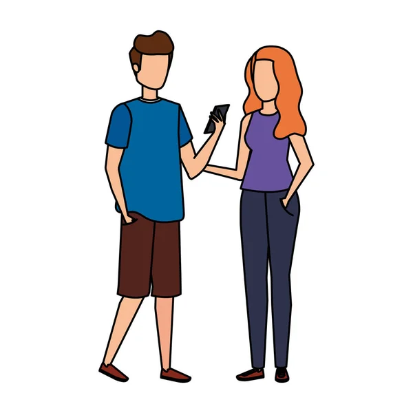 Νεαρό ζευγάρι που χρησιμοποιεί χαρακτήρες smartphone — Διανυσματικό Αρχείο