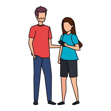 Akıllı telefon karakterleri kullanan genç çift