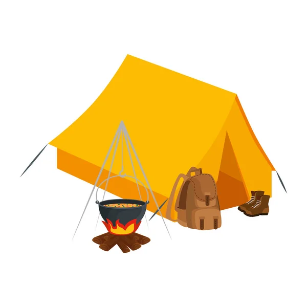 Zeltlager mit Holzfeuer und Reisetasche — Stockvektor