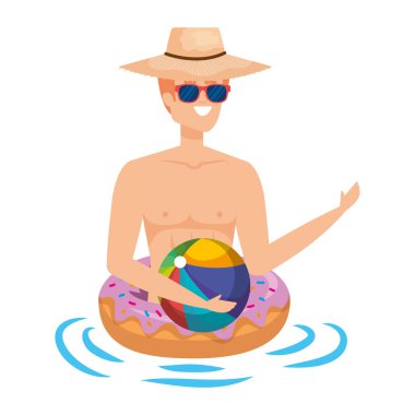 Çörek arabası ve plaj balonu karakteri olan genç bir adam.