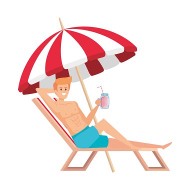 young man relaxing in beach chair drinking juice fruit