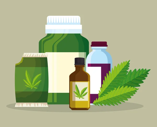 Graines de sac de plante de cannabis avec des bouteilles de cristal d'huile — Image vectorielle