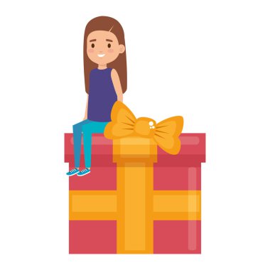 sevimli küçük öğrenci kız giftbox oturmuş