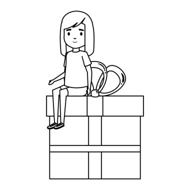 sevimli küçük öğrenci kız giftbox oturmuş
