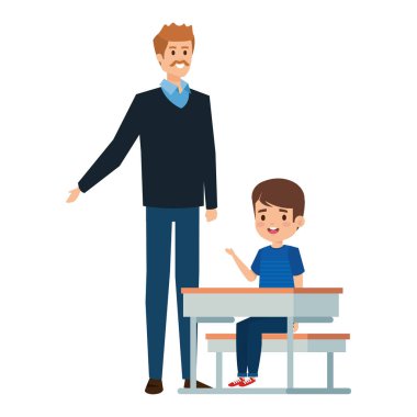 erkek öğretmen ile okul masasında oturan öğrenci çocuk