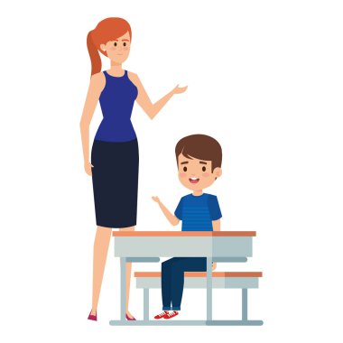 öğrenci erkek kadın öğretmen ile okul masasında oturan