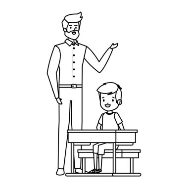 erkek öğretmen ile okul masasında oturan öğrenci çocuk