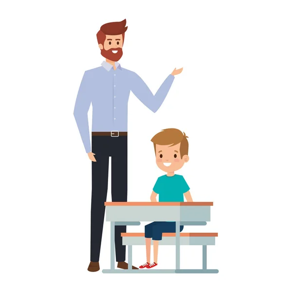 Estudante menino sentado na mesa da escola com professor masculino — Vetor de Stock