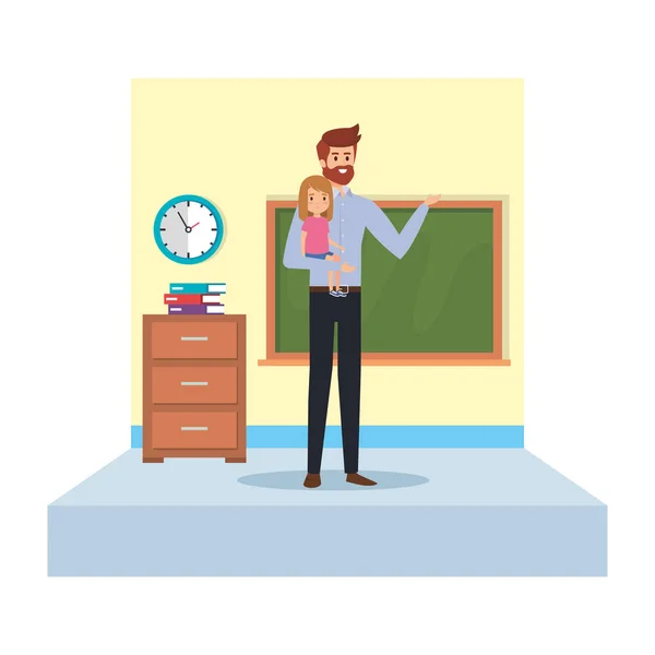 Professor masculino e menina na sala de aula da escola — Vetor de Stock