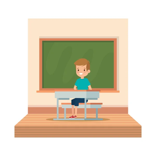 Little student boy seated in school desk on the classroom — Stock Vector