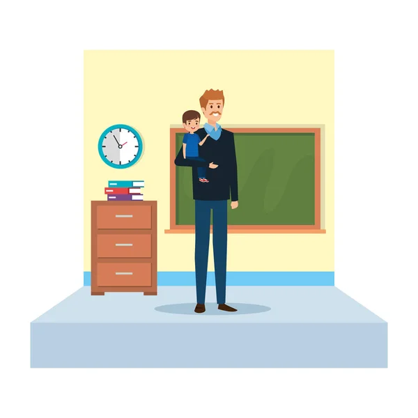 Mannelijke leraar en jongetje in school klas — Stockvector