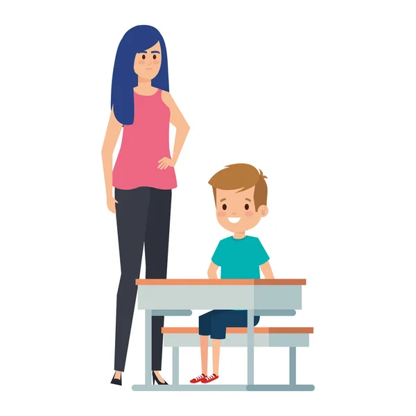 Studente ragazzo seduto in scuola scrivania con femmina insegnante — Vettoriale Stock