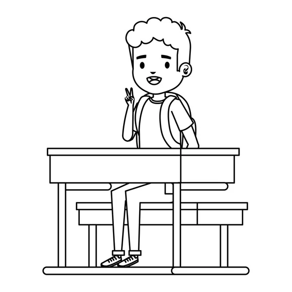 Gelukkige kleine student jongen zittend in school Bureau — Stockvector