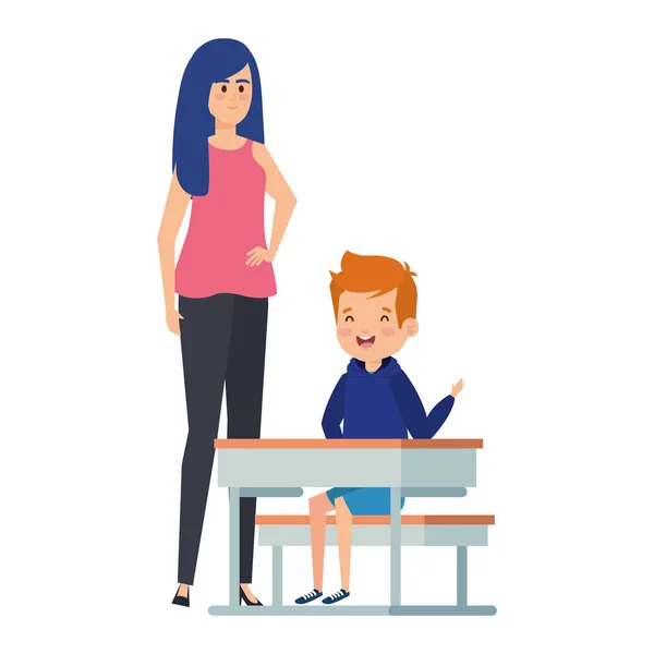 Ученик, сидящий за школьным столом с учительницей — стоковый вектор