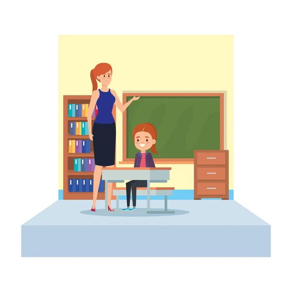 Female teacher and girl seated in desk in classroom — Stock Vector