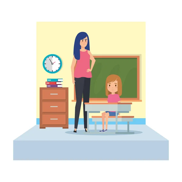 Female teacher and girl seated in desk in classroom — Stock Vector