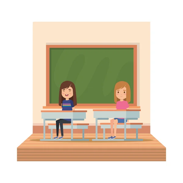 Little students girls in school desk on the classroom — Stock Vector