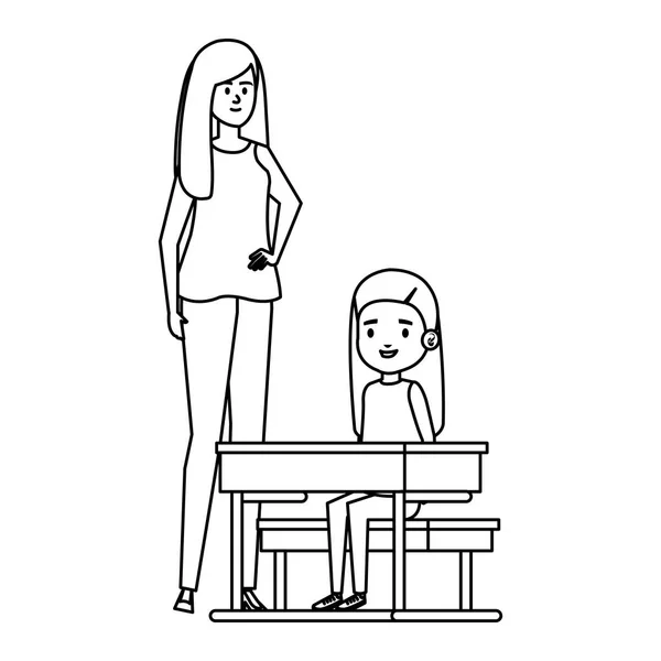 Schülerin auf Schulbank mit Lehrerin — Stockvektor