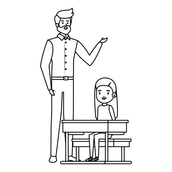 Estudiante chica en el escritorio de la escuela con maestro masculino — Vector de stock