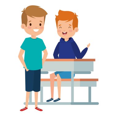 mutlu küçük öğrenciler erkek okul masasında oturan