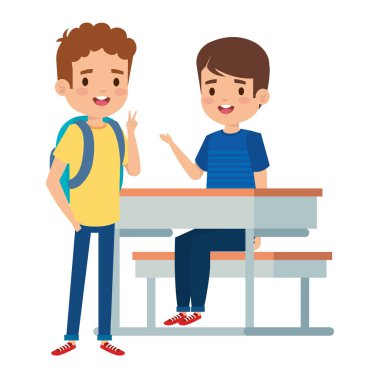 mutlu küçük öğrenciler erkek okul masasında oturan